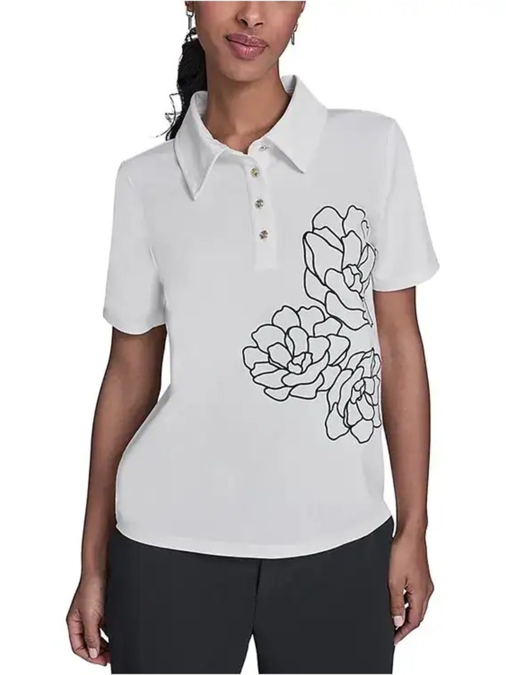 Karl Lagerfeld Paris Floral Embroidered Polo Top